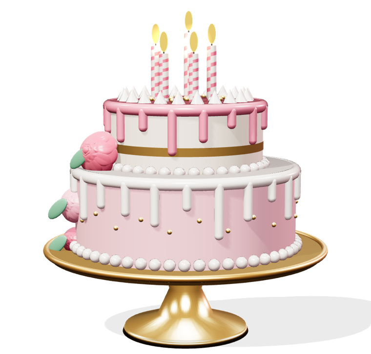 Pink two-tier drip cake with lit candles on a gold cake stand